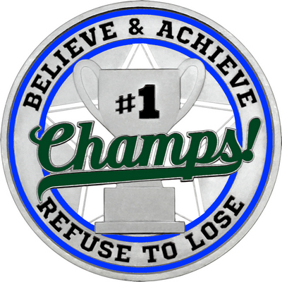 Dark Green "Champs!" with Royal Blue Outer Circular Borders